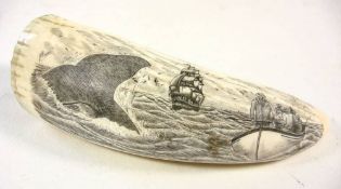 A scrimshaw tooth decorated by Muchado Olivera: depicting a whaling crew on a boat beside a whale