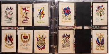 An album of 170 WWI silk postcards: mostly Allied flags and dates,
