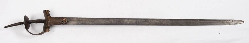 A late 19th century Khandar: the straight triple fullered blade over a gilt inlaid hilt with