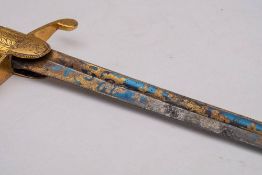 A Georgian Royal Navy Midshipman's short sword: the straight single edge fullered blade with gilt