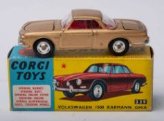 Corgi 239 Volkswagen 1500 Karmann Ghia: gold body , sliver trim, red interior, spun hubs,