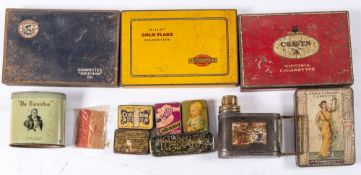 A collection of early 20th Century gramophone needle and cigarette tins: and a 'Raw Plug Blowtorch'