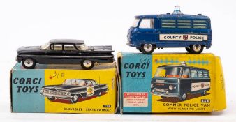 A Corgi No 464 Commer Police Van with flashing light: in box together with a Chevrolet Impala in a