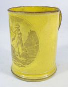 A Staffordshire yellow ground pottery cylindrical mug: transfer printed in black depicting 'Sweet