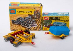 Corgi 71 Wheel Controlled Tandem Disc Harrow and Corgi 109 Pennyburn Workman's Trailer: both boxed