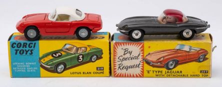 Corgi 319 Lotus Elan S2: red with white roof, cast hubs, blue and yellow picture box,