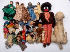 A collection of various linen dolls and doll parts: together with a Merrythought Poodle nightgown