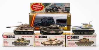 Corgi a boxed group of four military vehicles:, 900 PzKpfw Tiger Mki, 901 Centurion MKIII,
