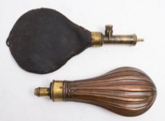 A Sykes Patent brass and leather shot flask: together with a copper and brass powder flask (2)