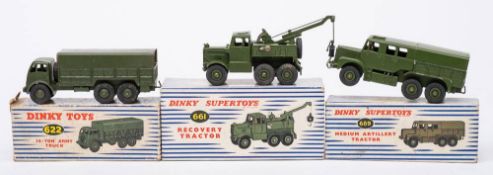 A boxed group of three Dinky military vehicles: Dinky 661 Scammel Recovery Tractor,