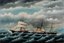 Frank Barnes [New Zealander, [1859-1941]- S S Tongariro under Reefed Sails,:- signed and inscribed,