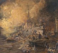 William Lionel Wylie (1851-1931) 'Storming of Zeebrugge': watercolour,