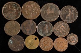 A collection of copper coins including a Nelson halfpenny, William & Mary halfpennies etc:.
