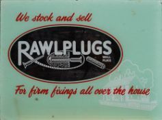 A mid 20th Century 'Rawlplugs' glass advertising panel: 26 x 35cm,