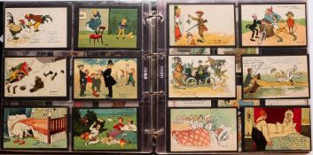 An album of early 20th century humorous postcards, including Donald McGill, Bruce Bairnsfather,