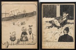 H C Sandy, illustrator: two ink and gouache cartoons, one of a drunken man with a goose,
