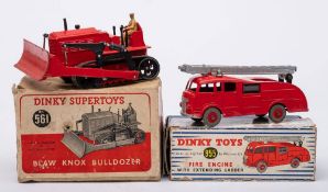 Dinky 561 Blaw Knox Bulldozer: red with black spade and tan driver, black rubber tracks,