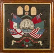A late 19th/early 20th century sailor's woolwork valentine: the central depiction of a ship set