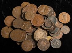 A mixed selection of world copper coins including a 1928 Irish penny and halfpenny:.