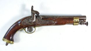 A 19th century percussion cap pistol: the plain 5 inch octagonal rifled barrel with stirruped steel