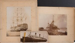 Four early 20th century photographs of Royal Naval Ships, one of HMS Victory,