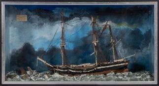 A cased diorama of the founding of the Royal Navy 14-gun Swan class sloop HMS Pegasus:,