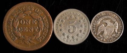 A USA higher grade 1835 10 cents, an 1849 cent and an 1867 5 cents:.
