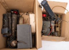 A collection of various live steam and electrical engine parts: including a live steam chassis of a