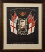 A WWI period woolwork picture: having central black and white portrait of a gunner with HMS Goliath
