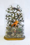 A Victorian taxidermy menagerie of tropical birds under glass dome by W E Dawe,