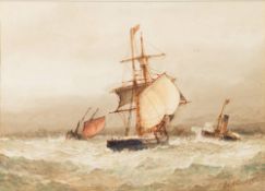 Frederick James Aldridge [1850-1933]- Trawlers and small paddle steamer in a swell,:- signed,
