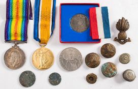 A WWI pair 'K45021 W H Doidge Sto 1 RN': together with a small collection of buttons and