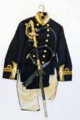 An Elizabeth II Royal Navy Doctors No 1 Dress and Dress sword:, comprising tail coat and trousers,