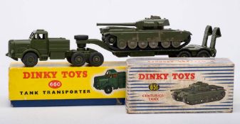 Dinky 660 Mighty Antar Tank Transporter: military green with black treaded tyres in a yellow box,