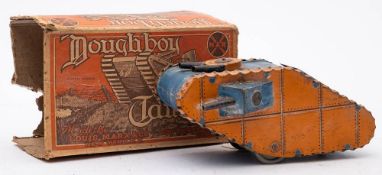 Louis Marx & Co (USA) tinplate clockwork 'Doughboy Tank': blue and orange with top and side mounted
