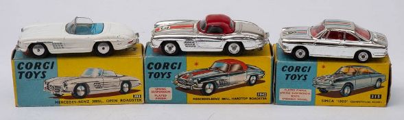 Corgi boxed group of three: Corgi 303 Mercedes-Benz 300SL Open Roadster, white body, blue interior,
