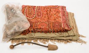 An early 20th century printed Paisley shawl together with a gilt embellished shawl and a group of