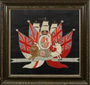 An early 20th century woolwork armorial: the Royal Crest surrounded by Naval and Merchant ensigns