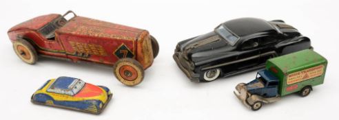 An English tinplate boat tail racing car: with lithograph decoration and 'Dunlop Fort' tyres,