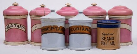 A group of seven late 19th/early 20th century earthenware pharmaceutical jars and covers: