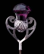 An Edwardian silver thistle hat pin, maker Gourdel Vales & Co, Birmingham 1908,: 23cm long.