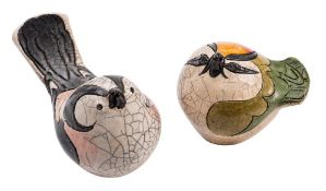 *Jennie Hale [Contemporary] two hand built raku fired birds: comprising a Long-tailed Tit and