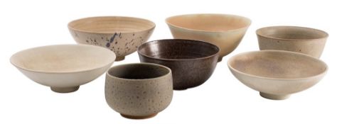 *Val Barry [1937-2018] seven bowls: of thinly thrown hemispherical form comprising three porcelain