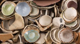 *Val Barry [1937-2018] a miscellany of glaze testing tiles and pot fragments,: most with annotation,