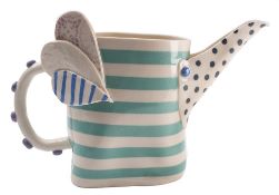 *Lucy Brown (Contemporary) a slab built white stoneware jug: of oval profile with beaded handle and