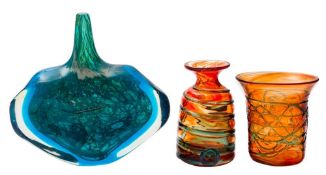 A Mdina glass 'fish' vase: of heavy cased construction the blue body with white veining,