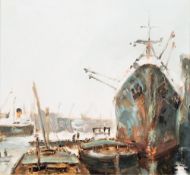 * Anthony Amos [1950-2010] - Busy harbour scene,:- signed bottom right, oil on board, 33 x 36cm.