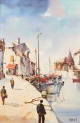 * Jorge Aguilar-Agon [b.1936]- The Quayside,:- signed, oil on canvas, 74 x 49cm.