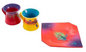 *Richard Godfrey [1949-2014] a plate and two mugs: each vividly glazed in either red, purple,