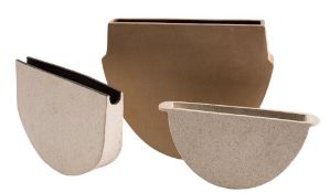 *Val Barry [1937-2018] three stoneware 'flattened bowls': of narrow profile on demi-lune bases,